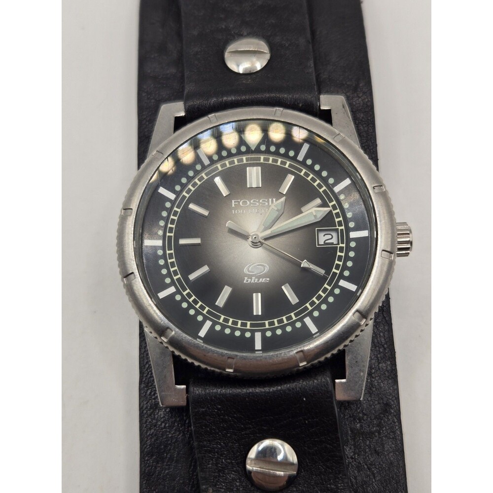 Fossil Blue AM-3716 39mm Men's Watch. Black Bundt Leather Strap. New Battery.